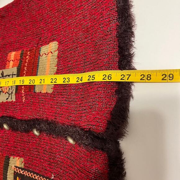 Vintage Granny Cardigan Sweater Burgundy Size 1X Embroidered Patchwork Fur Trim - Picture 10 of 10